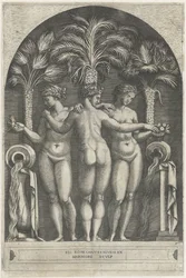 Three Graces Standing in a Niche Before Three Palm Trees and Flanked by Jugs Pouring Water