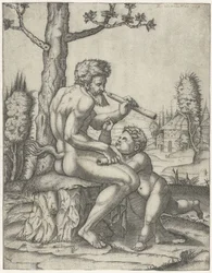 Faun with Flute Playing with Child