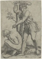 Crouching Naked Man Beaten by Man with Fox Tail