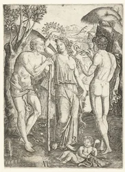 Young Woman with Leaf Wreath Standing Between Old Man Leaning on Stick and Young Man with Dragon and Child