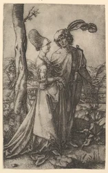 Lord and Lady Walking with Figure of Death Hiding Behind a Tree
