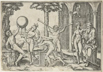 Man with Two Trumpets and Man with Stone on His Back Flanked by Man and Woman with Globe and Old and Young Man