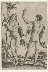 Naked Man Leaning Against Tree and Naked Man with Mirror and Two Snakes