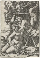 Satyr and young man fighting over nymph