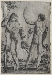 Two Nude Men Beside a Tree