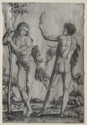 Two Nude Men Beside a Tree