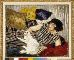 Suzanne Valadon (1865-1938) and her cat. Painting by Marcel Leprin (1891-1933), mandatory mention: Collection fondation regards de provence, Marseille (45 x 54 cm)