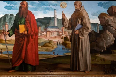 St. Francis Receiving the Stigmata Among St. Clare and Peter, the Blessed Bartolomeo of Breganze, and St. Paul and Bernardino (detail)