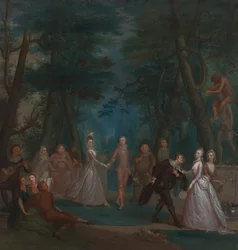 Scene in a park, with figures from the Commedia dell