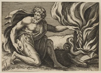 A Man Kneeling and Placing a Laurel Branch upon a Pile of Burning Books