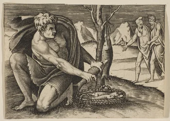 A man kneeling next to a basket of fish and taking one with both hands, two men at..., ca. 1515-27