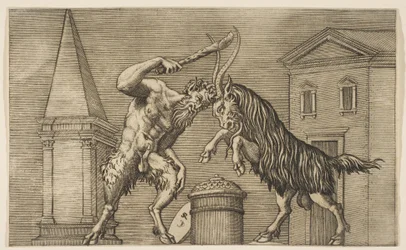 A satyr and a ram attacking each other, the satyr wielding a club