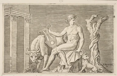 Apollo tending the flocks of Admetus, Apollo seated holding a lyre and flanked by a...