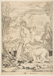 Fortitude in profile view walking toward a fire at left and leading a harnessed lion