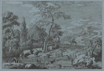Cattle and Figures at a Farmyard Stream