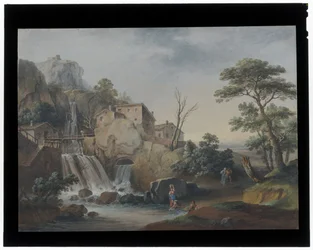 Landscape with Waterfall and Cottages