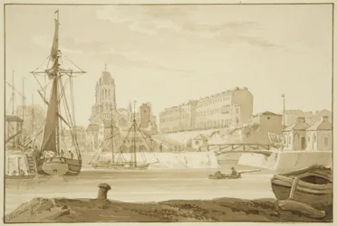 Redcliffe Church and Redcliffe Parade from the Sea Banks, showing the Prince Street Bridge toll houses