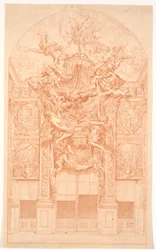 Decorative Draft with Geniuses Carrying a Crown and a Canopy