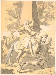 Nobleman Followed by Servants Rides Past a Monument