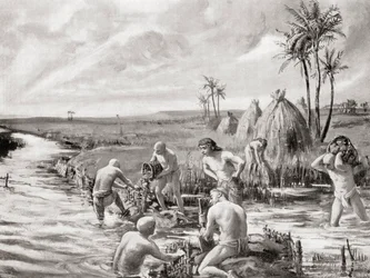 Early Settlers in Babylonia Draining the Marshes by Building a Dam, from Hutchinson
