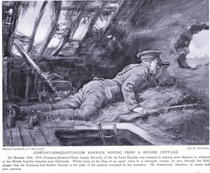 Company Sergeant Major Barwick sniping from a ruined cottage at Ghehuvelt October 1914