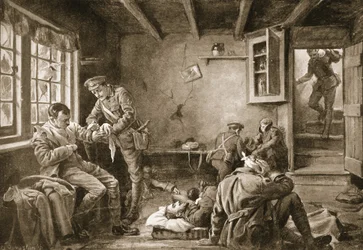 Lance-Corporal Royall attending to the wounded in a wayside inn which was under fire