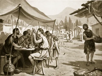 Spartans eating at public tables, illustration from 