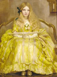 Portrait of a girl, small full-length, in a yellow dress, holding a fan, in an interior