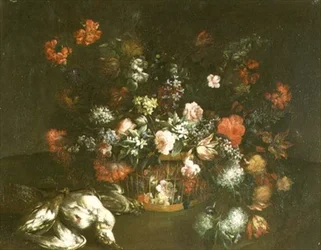Roses, Tulips, Bluebells, Lilac and Other Flowers in a Basket with Dead Birds