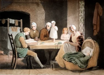 Three generations listening to a reading from the family Bible, c1800