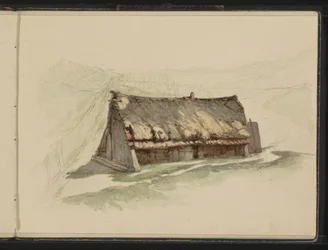 Barn with a Thatched Roof in a Meadow