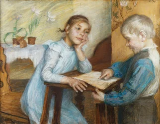 An Interior with a Boy Reading to a Girl