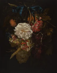 Bouquet of Flowers and Fruit with Blue Ribbon