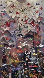 A wall-hanging tapestry depicting mythical birds with a background of mountains and sun rays