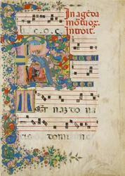 Manuscript Leaf with a Funeral Procession in an Initial R, from a Gradual
