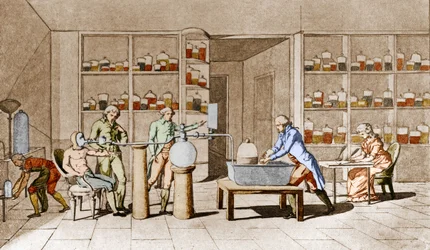 Antoine Laurent de Lavoisier (1743-1794), French chemist, has an experience on the breathing of man at rest. Leemage collection
