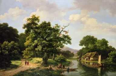 Wooded River Landscape with Peasants Unloading a Ferry