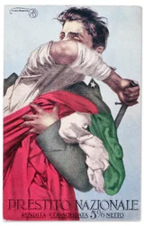 An Italian soldier defends the Tricolor with drawn sword. Propaganda postal card for the National Loan, c.1915-18
