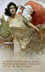 Drawing of an allegory of Italy liberated from the yoke of the First World War