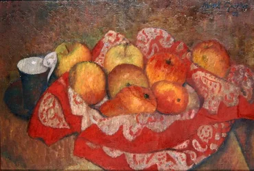 Apples and Pears on a Red Cloth