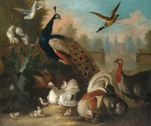 A Peacock and Other Birds in an Ornamental Landscape