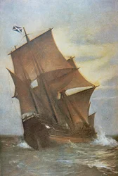 The Mayflower carrying the Pilgrim Fathers across the Atlantic to America in 1620