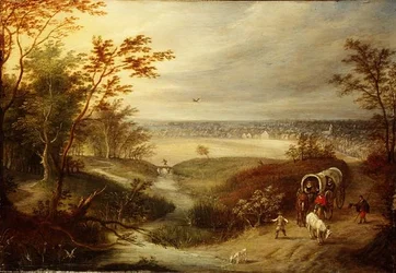An Extensive Wooded Landscape with a Wagon at a Ford