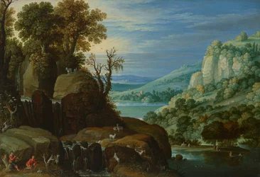 An Extensive River Landscape with Goatherds Playing Pipes Beside a Waterfall, a Distant View of a Lake and Town Beyond
