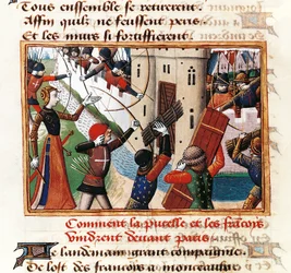 Joan of Arc at gates of St Honore, from where assault on Paris begins, miniature from Vigiles de Charles VII by Martial de Paris