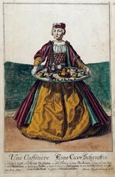 A coffee maker: a young woman carrying a tray with a coffee service