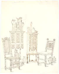 Old chairs and cabinets with stoneware