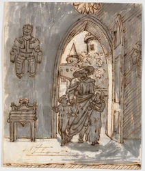 "Gothic" Scene. A Bard Leads Two Children into a Gothic House