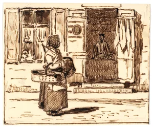 Italian (?) street scene with woman with baskets