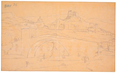 Italian landscape with a bridge over a river and the town of Subiaco in the background